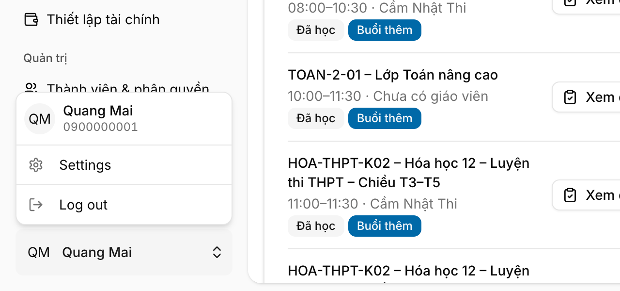 Menu tài khoản mở từ tên người dùng ở cuối menu